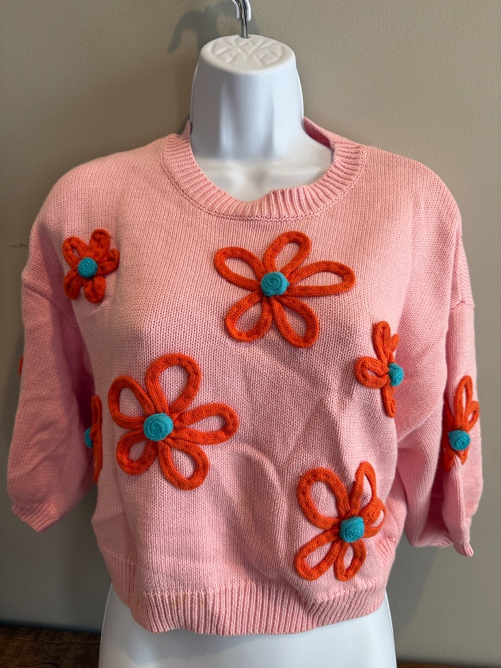 Zara Pink Crewneck Sweater with Orange & Teal Floral Appliqués